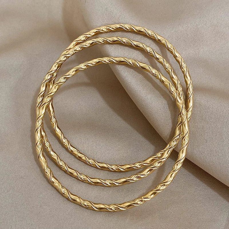 3PCS Gold Color Twist Stainless Steel Bangle Set – Chic Tibetan Buddha-Inspired Stackable Bracelets for Women - Image 4