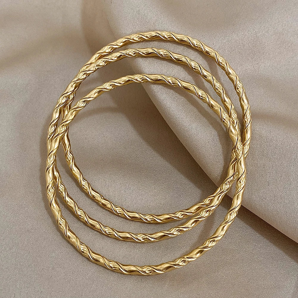 3PCS Gold Color Twist Stainless Steel Bangle Set – Chic Tibetan Buddha-Inspired Stackable Bracelets for Women - Image 4