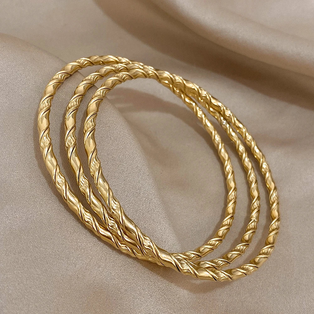 3PCS Gold Color Twist Stainless Steel Bangle Set – Chic Tibetan Buddha-Inspired Stackable Bracelets for Women - Image 5