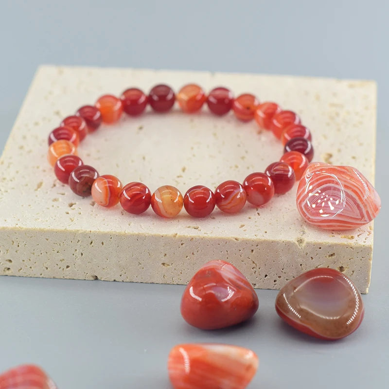 Natural Red Stripe Agate & Carnelian Bead Bracelet – Healing Crystal Jewelry for Men & Women - Image 3