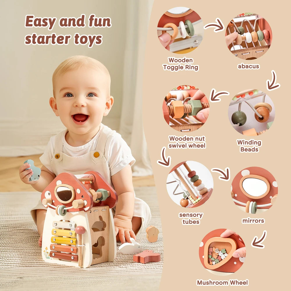 Montessori Five-in-One Wooden Mushroom Toy - Multi-Functional Puzzle - Image 2