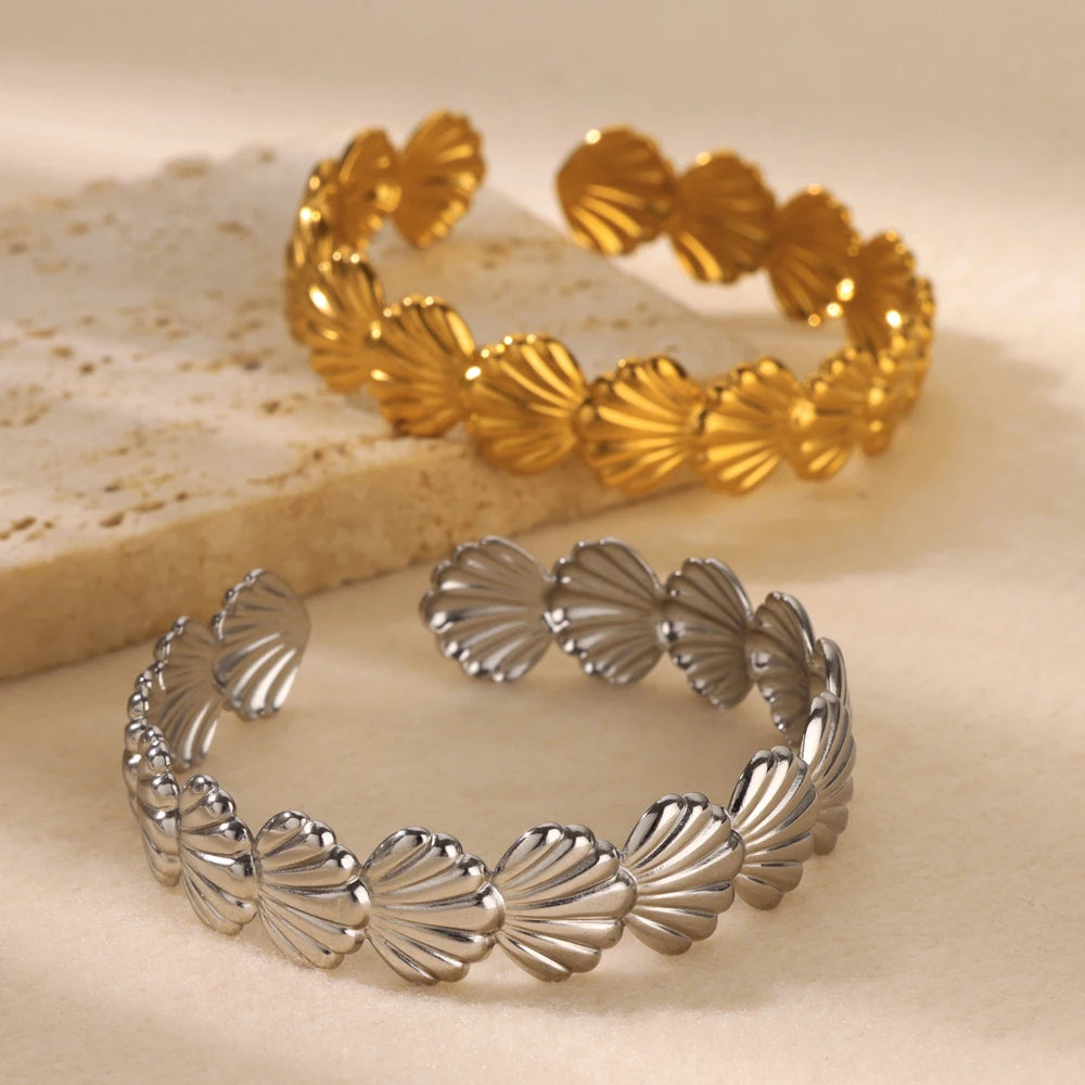 Gold Shell Cuff Bracelet – Stainless Steel Opening Bangle for Women’s Summer Beach Style - Image 5
