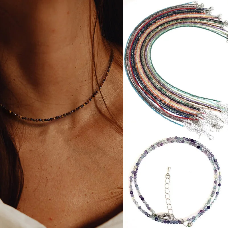 2–3mm Natural Stone Beaded Necklace – Handmade Mini Crystal Healing Jewelry for Women