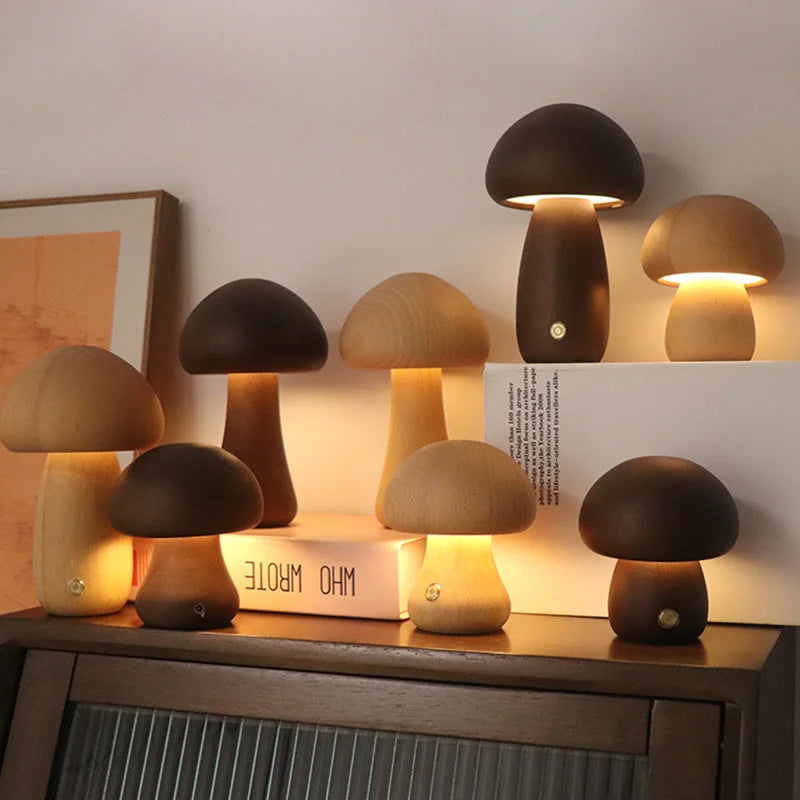 Cute Wooden Mushroom LED Bedside Table Lamp – Touch Switch Night Light for Kids' Bedroom - Image 2