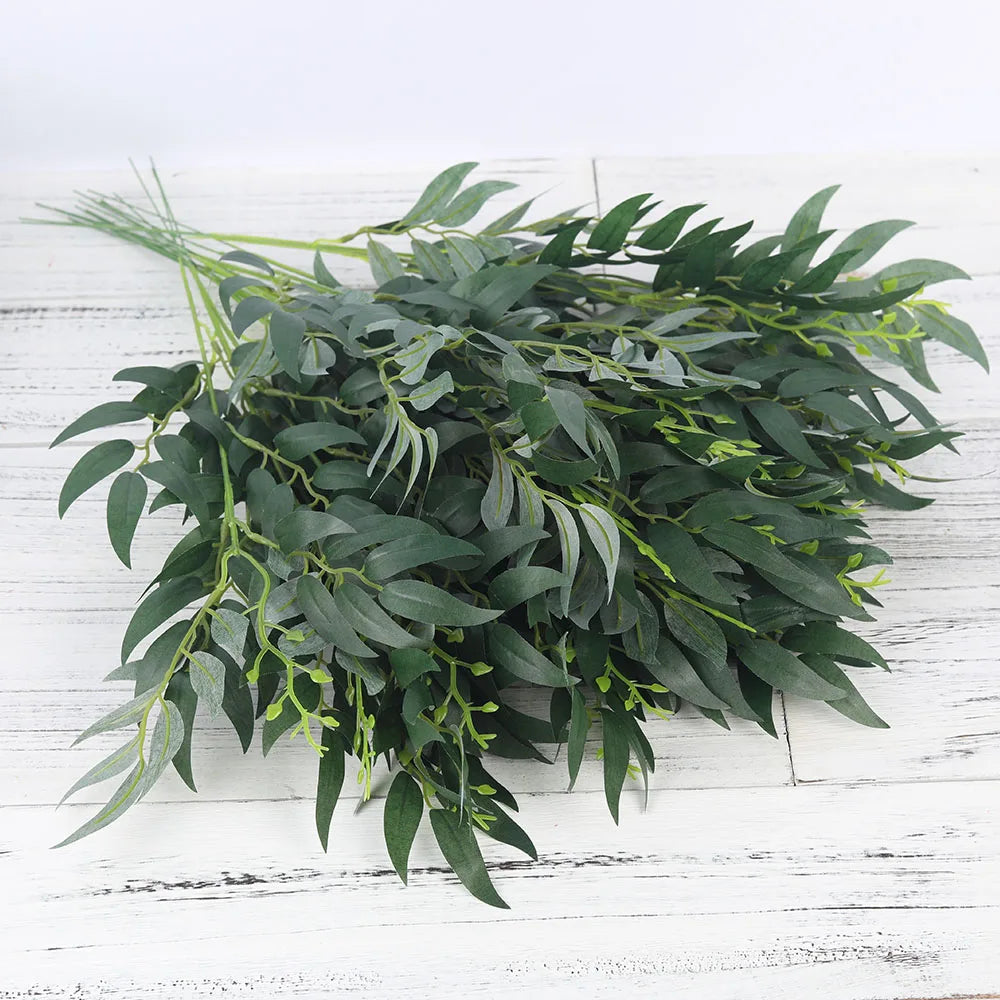5pcs Green Artificial Willow Leaf Bouquets – Silk Fake Plants for Home, Garden & Event Decor