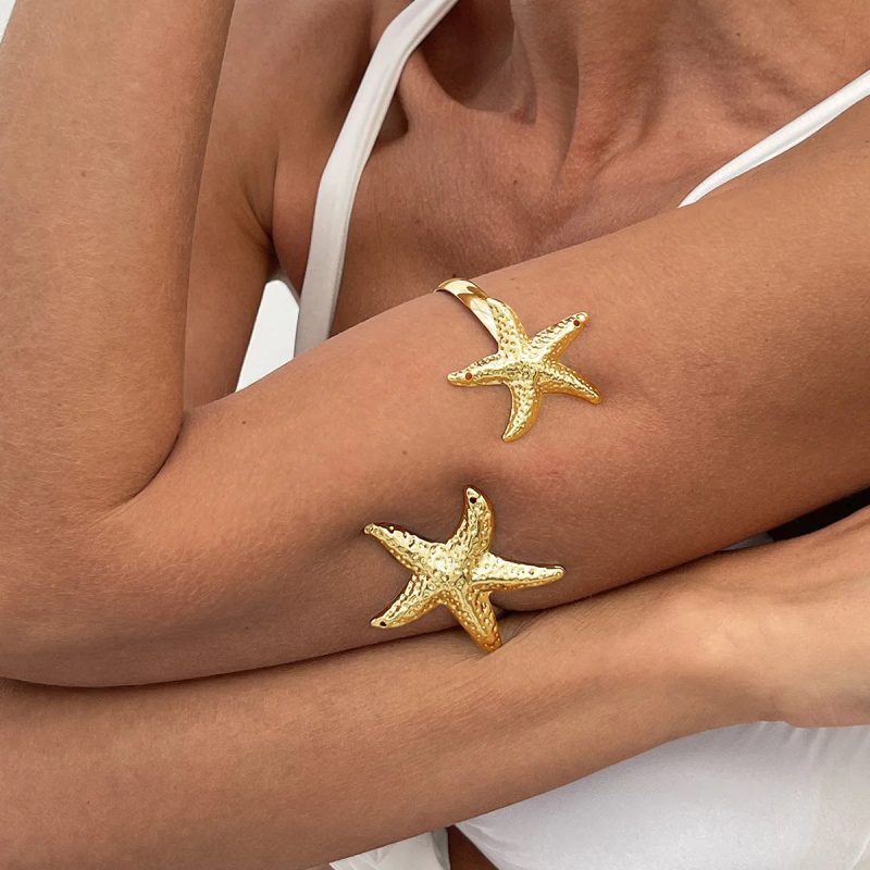 Boho Metal Starfish Open Cuff Bangle – Gold Color Geometric Arm Bracelet for Women - Image 2